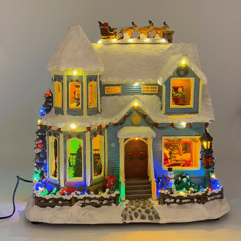 Christmas Village Snowy House Animated Musical Winter Scene with Santa, Reindeer, and Snowman