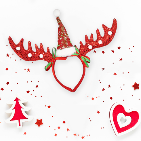 Christmas Headband Red Reindeer Antler With Pom Poms