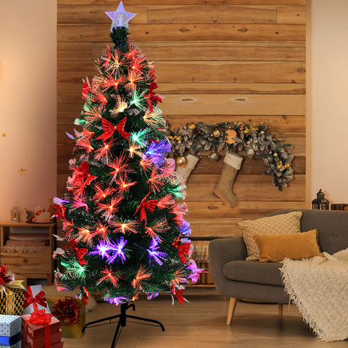 Fibre Optic Christmas Tree with Red Bows & Colour-Changing Lights – Classic Green Pre-Lit Tree