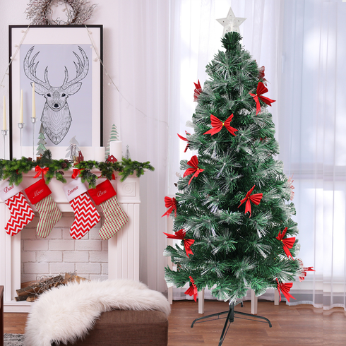 Fibre Optic Christmas Tree with Red Bows & Colour-Changing Lights – Classic Green Pre-Lit Tree