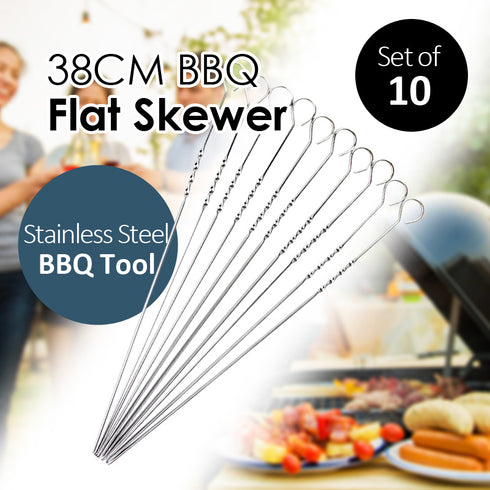 38CM Set of 10 Stainless Steel BBQ Grill Flat Skewer