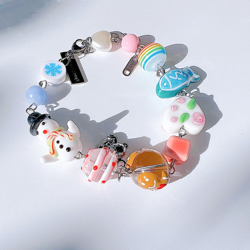 Christmas Snowman Jewelry Handmade Charm Bracelet with Murano Glass Gemstones
