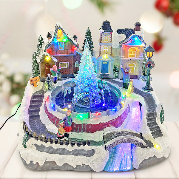 Christmas Village Snowy Fountain Milky Way River Musical Multicolor LED Light Up