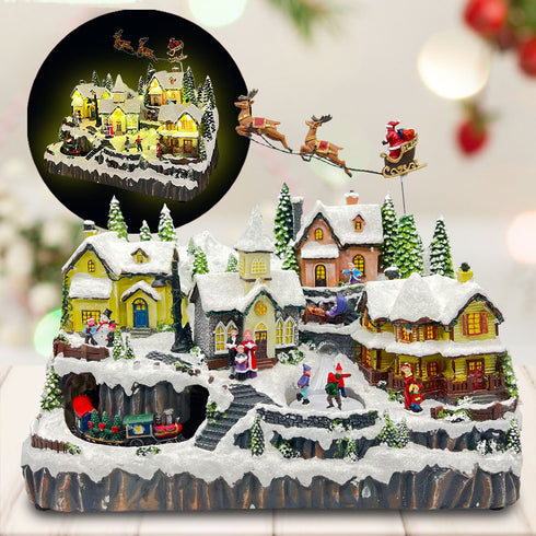 Large Christmas Village Winter Scene with Reindeer Sleigh, Santa Train, and Skaters