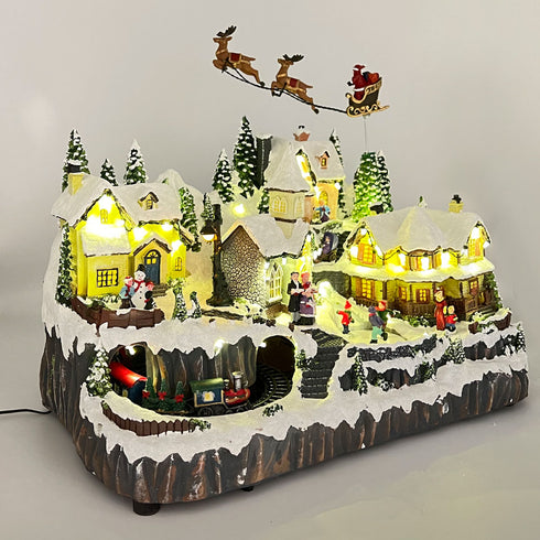 Large Christmas Village Winter Scene with Reindeer Sleigh, Santa Train, and Skaters