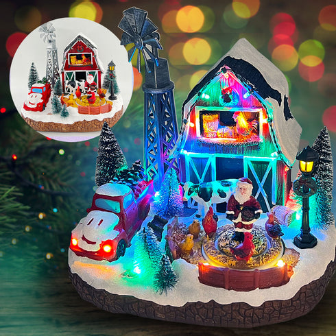 Christmas Village Santa's Farm Animated Winter Scene with Red Car and Farm Animals