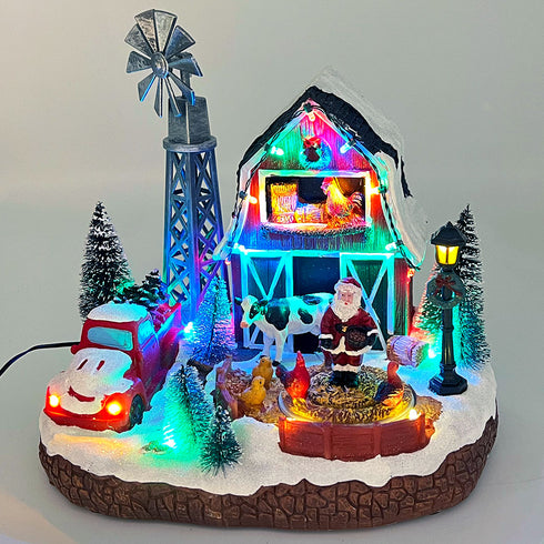 Christmas Village Santa's Farm Animated Winter Scene with Red Car and Farm Animals