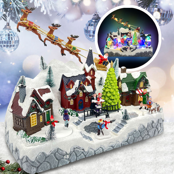 Christmas Snowy Hillside Village with Reindeer and Animated Musical Winter Scene