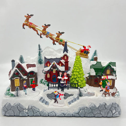 Christmas Snowy Hillside Village with Reindeer and Animated Musical Winter Scene