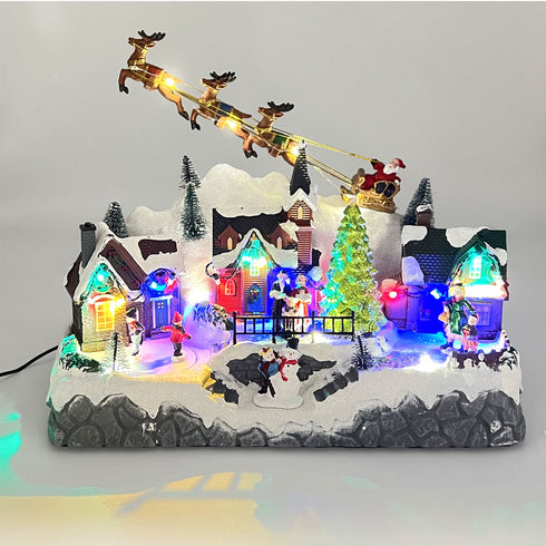 Christmas Snowy Hillside Village with Reindeer and Animated Musical Winter Scene