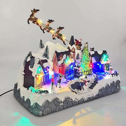 Christmas Snowy Hillside Village with Reindeer and Animated Musical Winter Scene
