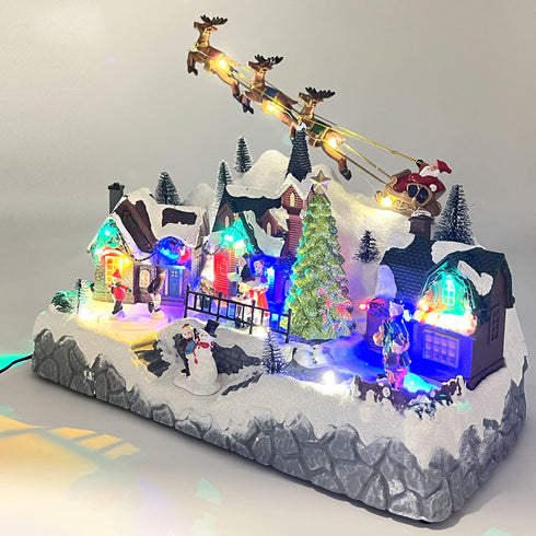 Christmas Snowy Hillside Village with Reindeer and Animated Musical Winter Scene