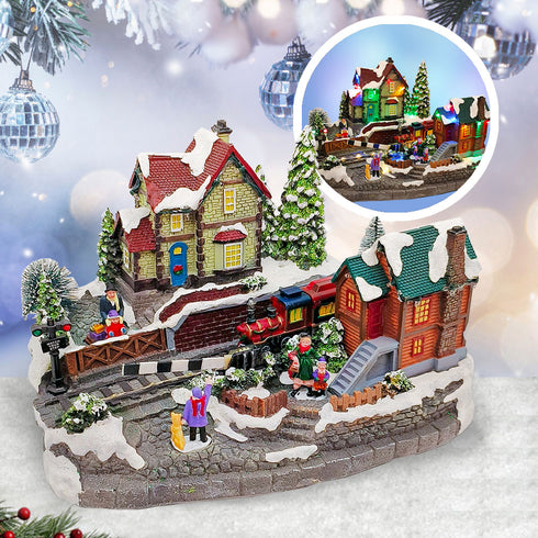Animated Christmas Village Train Station with Lights, Music & Moving Train