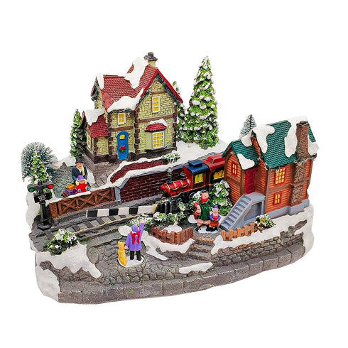Animated Christmas Village Train Station with Lights, Music & Moving Train
