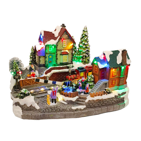 Animated Christmas Village Train Station with Lights, Music & Moving Train