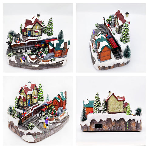 Animated Christmas Village Train Station with Lights, Music & Moving Train