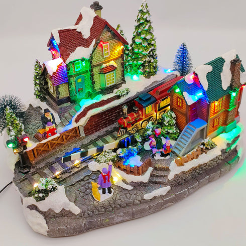 Animated Christmas Village Train Station with Lights, Music & Moving Train