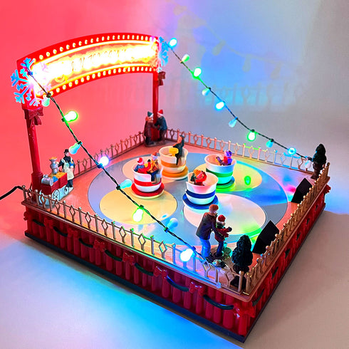 Christmas Village Winter Carnival Spinning Teacups Animated Musical Light-up Theme Park