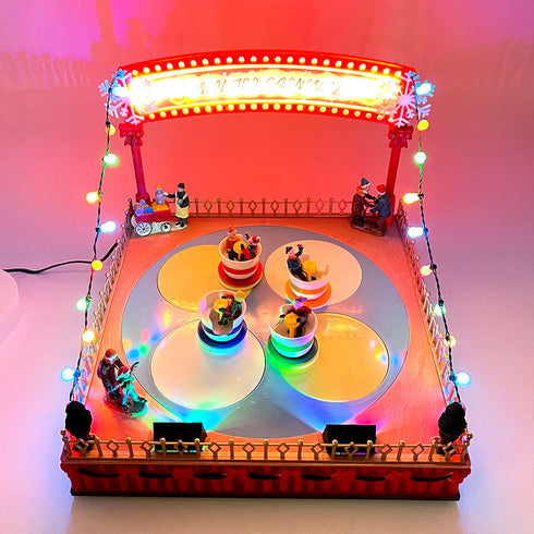 Christmas Village Winter Carnival Spinning Teacups Animated Musical Light-up Theme Park