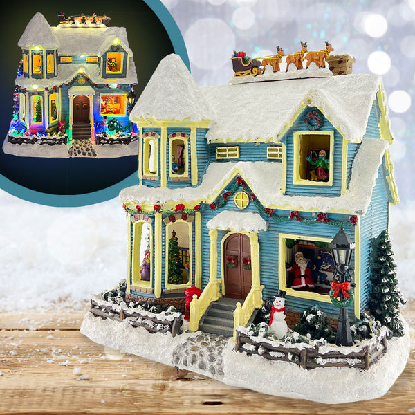 Christmas Village Snowy House Animated Musical Winter Scene with Santa, Reindeer, and Snowman