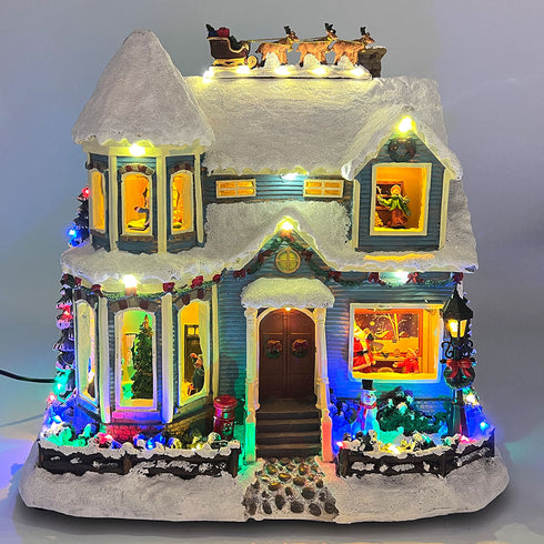 Christmas Village Snowy House Animated Musical Winter Scene with Santa, Reindeer, and Snowman