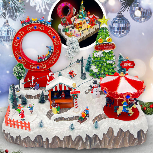 Large Christmas Village Winter Amusement Park with Roller Coaster Carousel