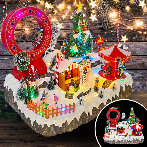 Large Christmas Village Winter Amusement Park with Roller Coaster Carousel
