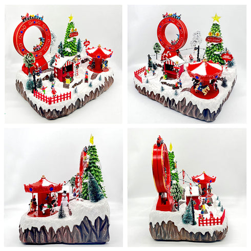 Large Christmas Village Winter Amusement Park with Roller Coaster Carousel