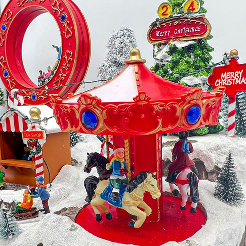 Large Christmas Village Winter Amusement Park with Roller Coaster Carousel