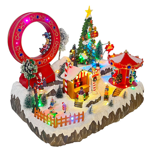 Large Christmas Village Winter Amusement Park with Roller Coaster Carousel
