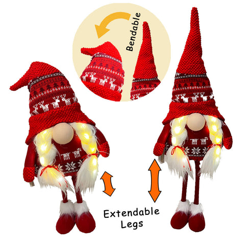 Light-up Standing Santa Claus Gnome Extendable Legs Bendable Hat White Beard Braids Faceless Stuffed Doll Christmas Decoration