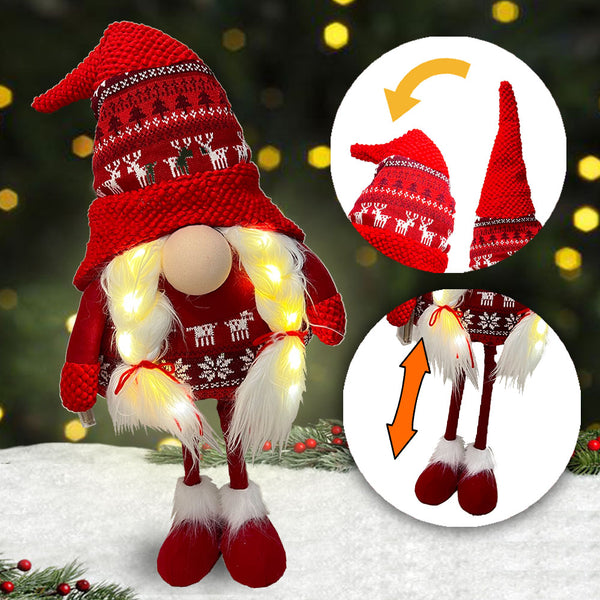 Light-up Standing Santa Claus Gnome Extendable Legs Bendable Hat White Beard Braids Faceless Stuffed Doll Christmas Decoration