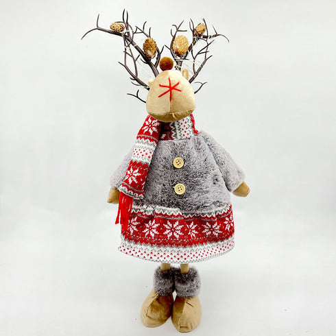 Light-up Standing Reindeer Stuffed Doll Wearing Skirt & Scarf Christmas Decoration