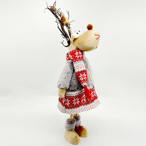 Light-up Standing Reindeer Stuffed Doll Wearing Skirt & Scarf Christmas Decoration