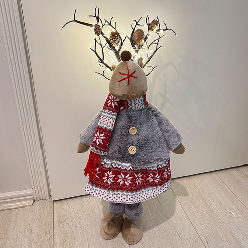 Light-up Standing Reindeer Stuffed Doll Wearing Skirt & Scarf Christmas Decoration