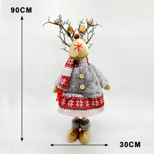 Light-up Standing Reindeer Stuffed Doll Wearing Skirt & Scarf Christmas Decoration