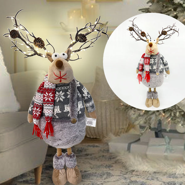 Light-up Standing Reindeer Stuffed Doll Wearing Pants & Scarf Christmas Decoration