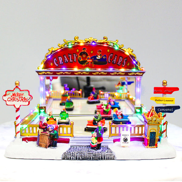 Christmas Village Animated Bumper Cars Moving Musical LED Light Up Decoration