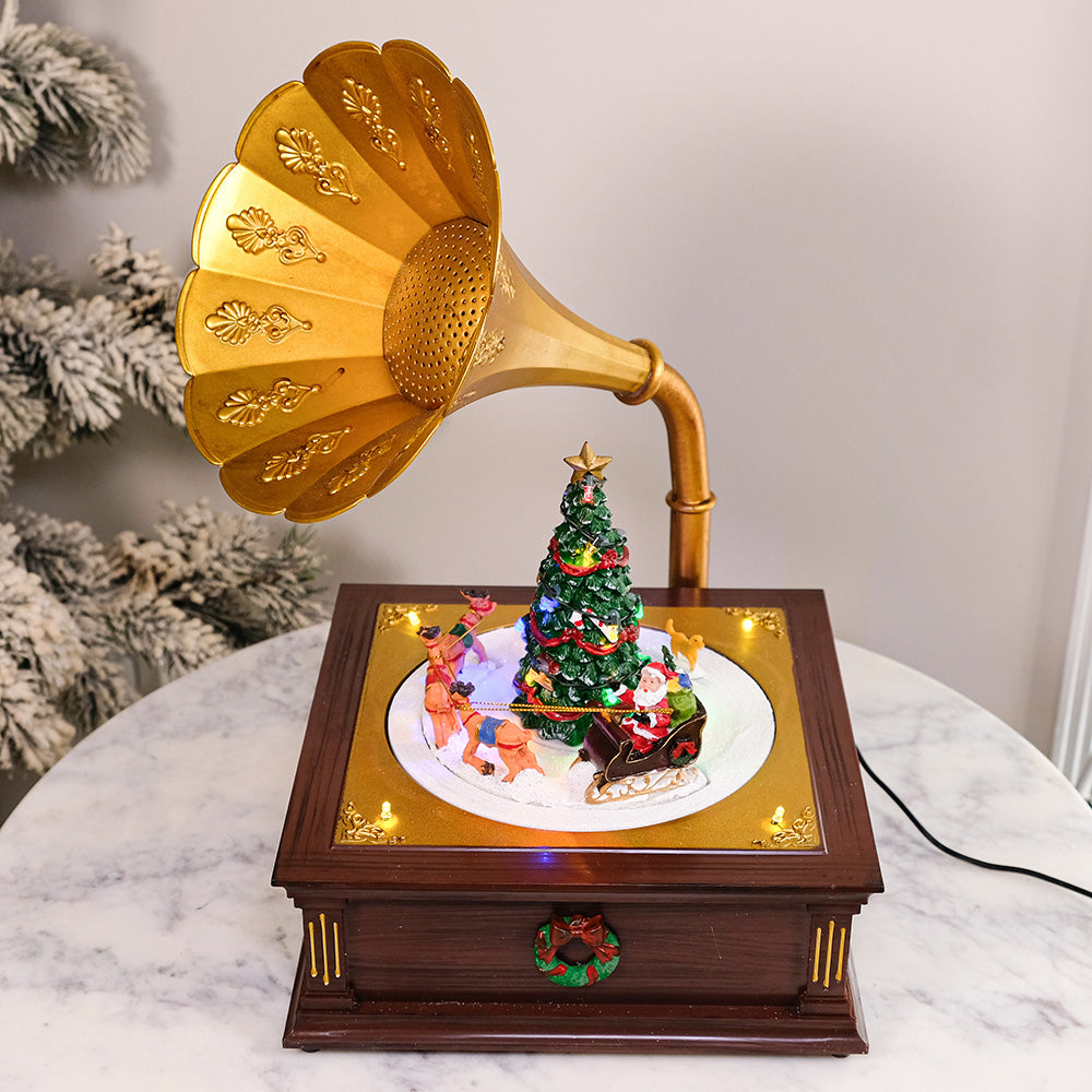Music Box With Animation Gramophone Music Box Animated Christmas Village with LED Lights Rotati ...