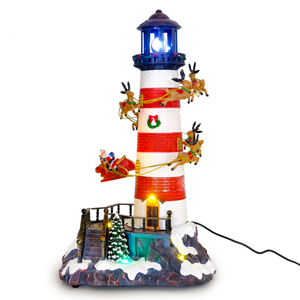 Animated Christmas Lighthouse with Rotating Santa & Reindeer Sleigh ...