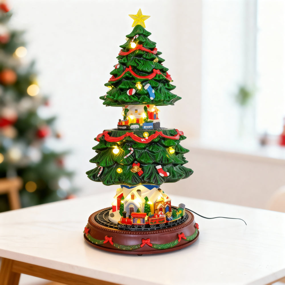 Double-Train Christmas Tree Animated Musical Village with LED Lights ...